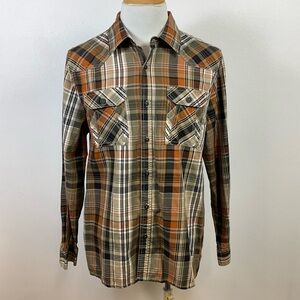 VIBES GOLD Button Front Plaid Long Sleeve Shirt Brown & Orange, sz XL